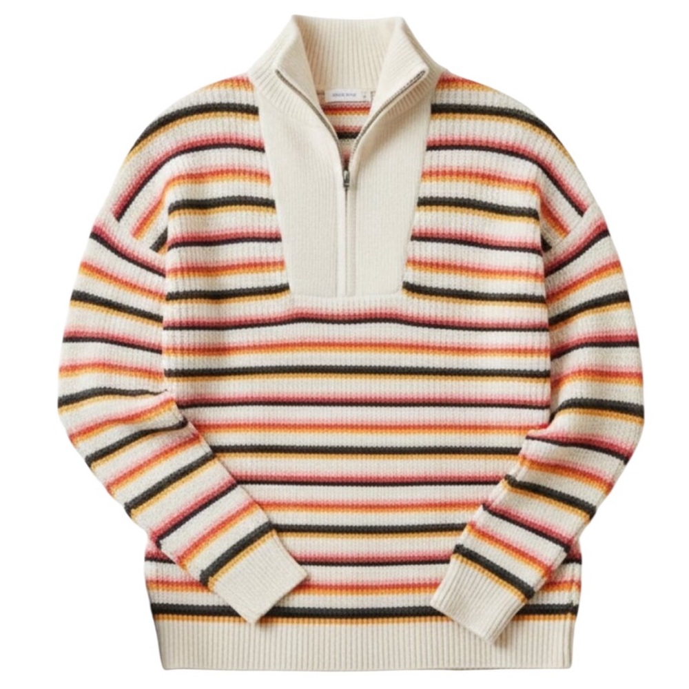 BOGO! Lands' End Cotton Striped Quarter Zip Pullover Sweater Cream Medium